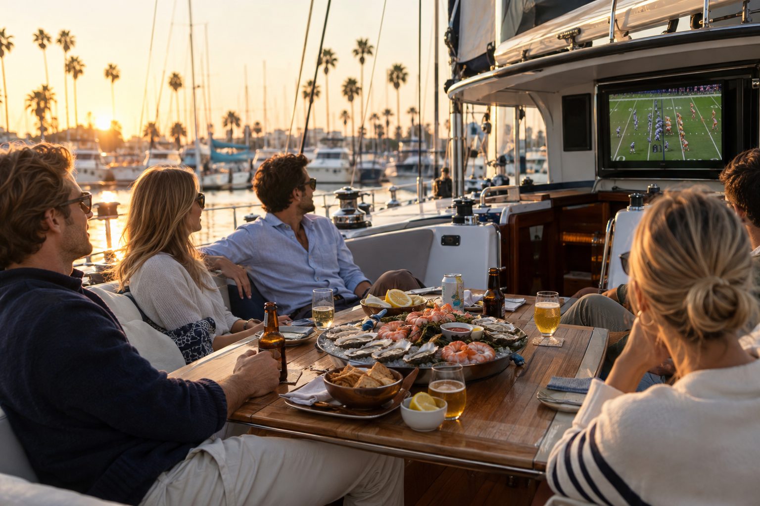 Guests watching a football game in the cockpit with a raw bar at golden hour