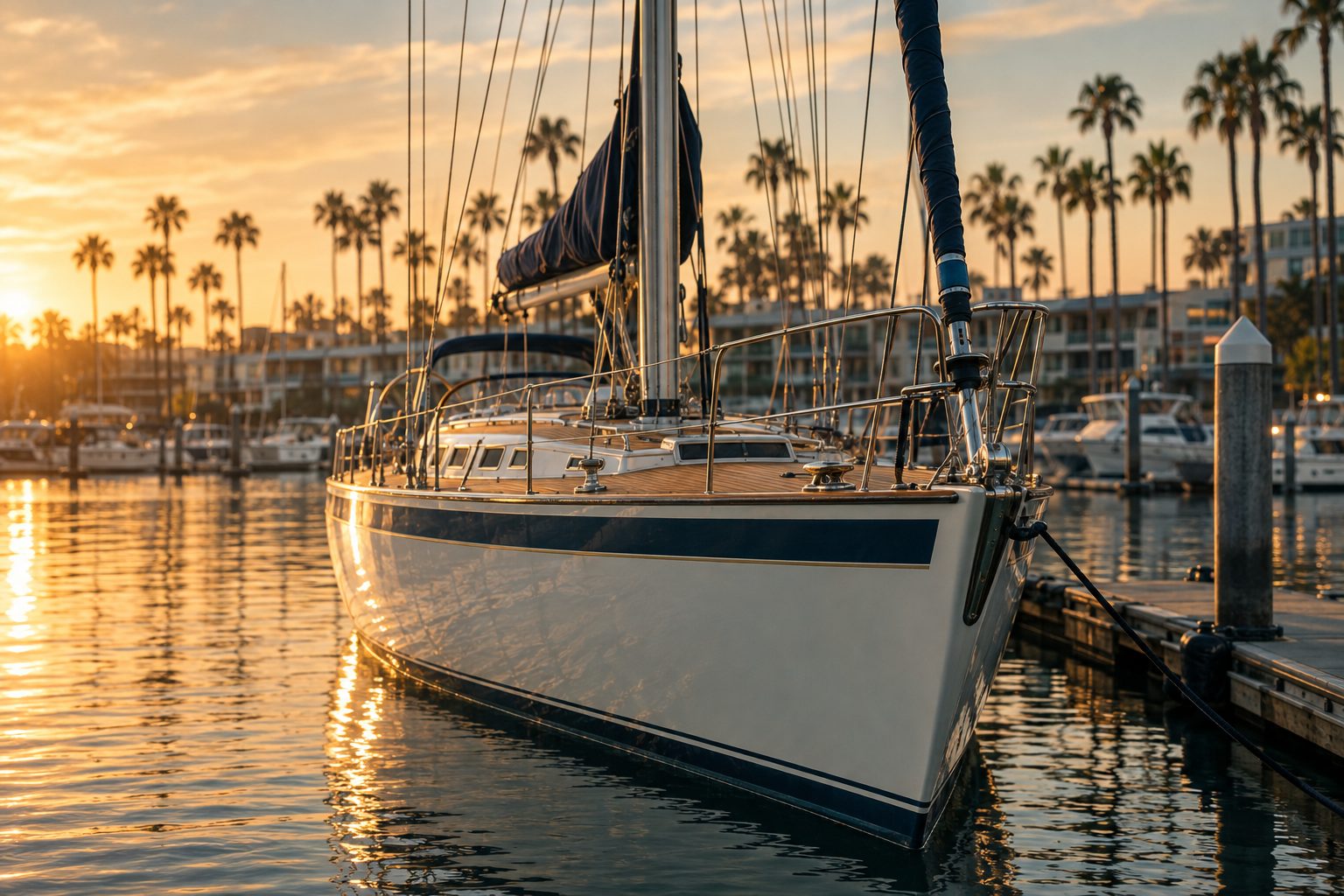 Kestrel, a 78-foot Swan sailing yacht, at her slip in Marina del Rey at sunset