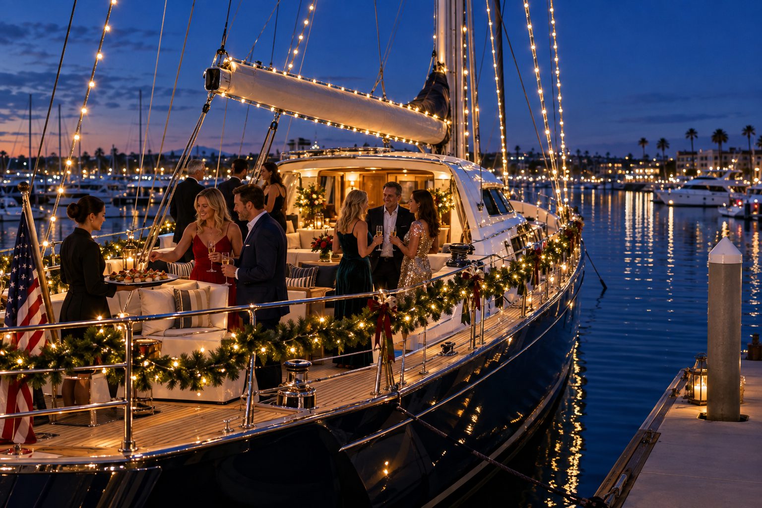 Kestrel dressed in lights for a holiday party at her slip