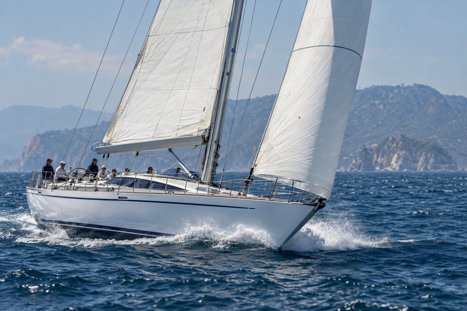 Kestrel under full sail off Catalina Island on a bright afternoon