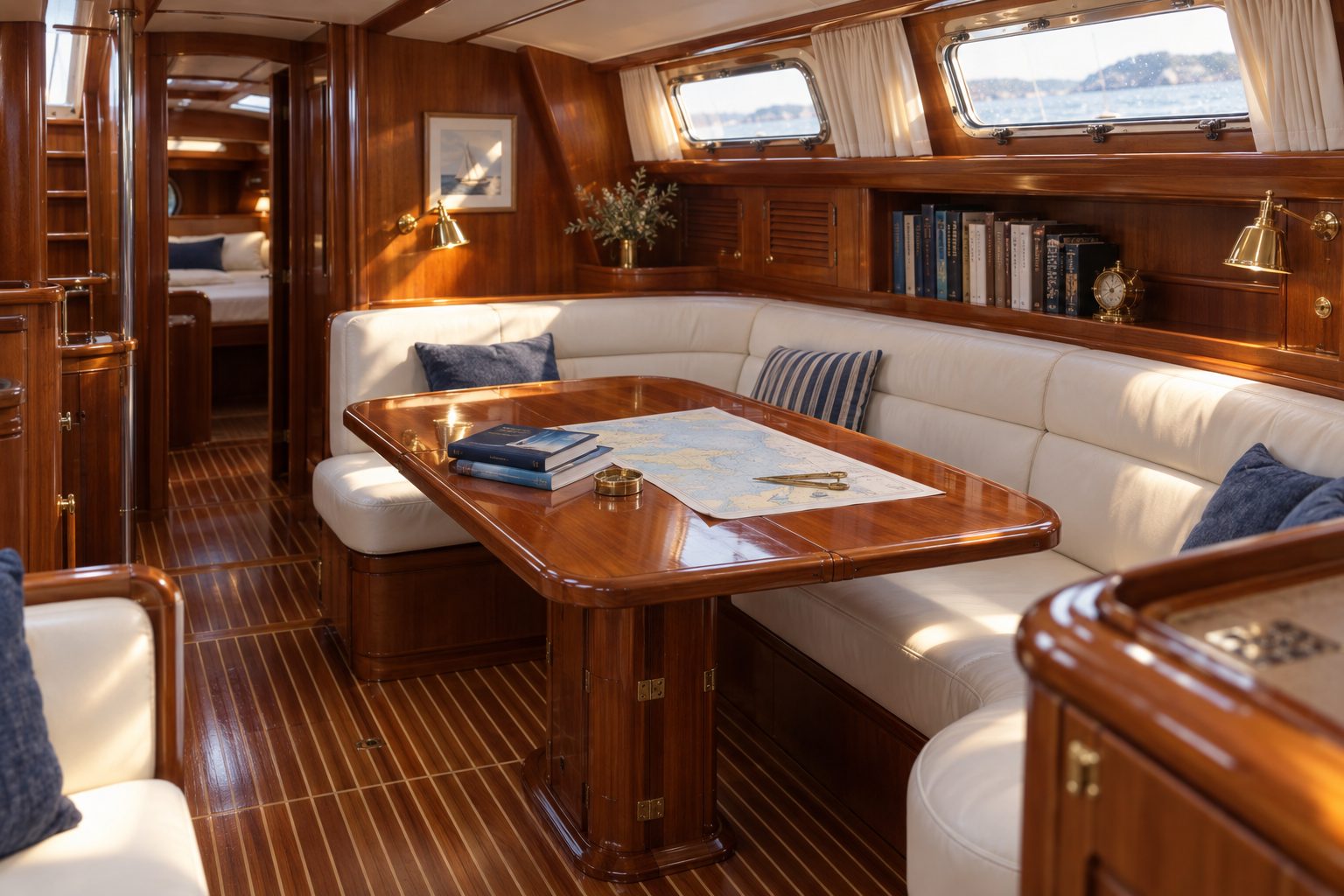 The teak-panelled main saloon aboard Kestrel with white leather settees and a chart on the table