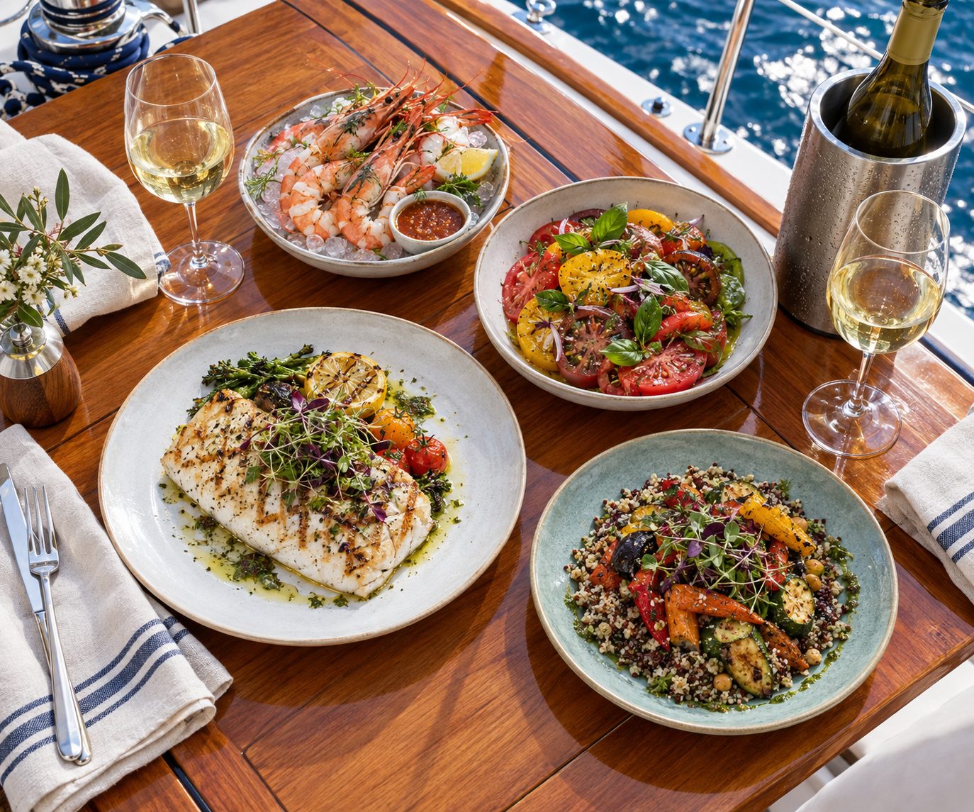 Halibut, prawns, a grain bowl and wine laid out on the cockpit table